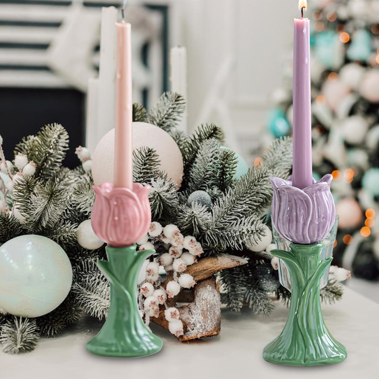 Ceramic Candlestick Holder， Candle Holder for Taper Candles,Incense, Santo Palo, Halloween Christmas Wedding Parties, Dining Room Home Decoration Display (Pink)