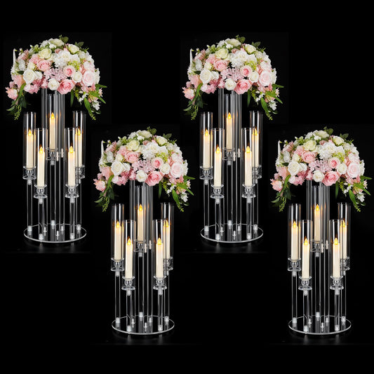 4PCS Acrylic Candelabra Centerpieces for Tables,2-in-1 Clear 5 Arm Candelabras &Flower Stand for Wedding Centerpieces,Acrylic Centerpieces Stand for Birthday Party Event Decor Fit LED Candle
