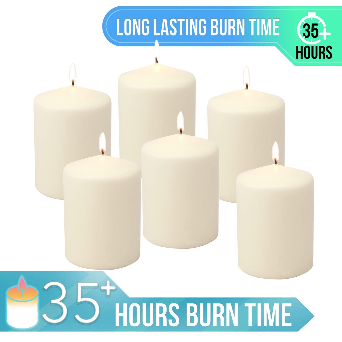 Stonebriar Unscented Pillar Candles – 35 Hour Burn Time, Long-Lasting Wax Candles for Weddings, Holidays, Home Décor & Special Events, Pack of 6, Ivory, 3" x 4"