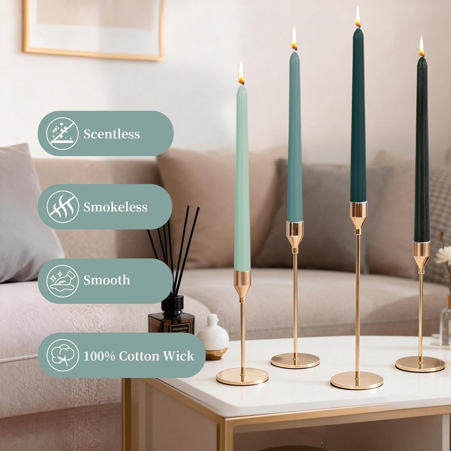 Green Taper Candles, 10 inch Tapered Candles, 4 Pack Gradient Unscented and Smokeless Long Burning Candles with Cotton Wicks, Tall Candlesticks Weddings, Christmass, Dinner Parties, and Home Décor
