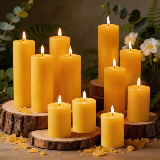 CHICERA 12 Pack Pure Beeswax Pillar Candles, 2x3/6/8 Inch, Natural Mild Honey Scent, Long Burning, Smokeless & Dripless for Home Decor & Prayer