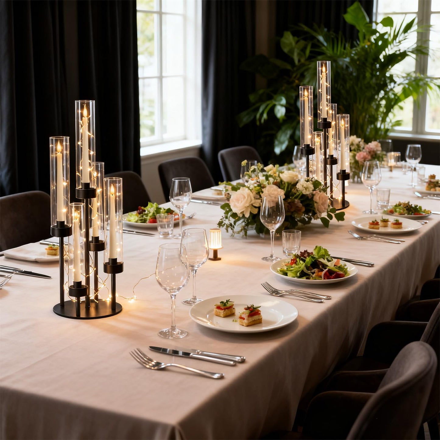 KEHAIL 2Pcs 5-Arm Black Metal Table Candelabra Centerpiece, 22" Tall Acrylic Clear Candlesticks Holder with Shade for Valentines Day Events Party Table Centerpiece,Fit LED Candles