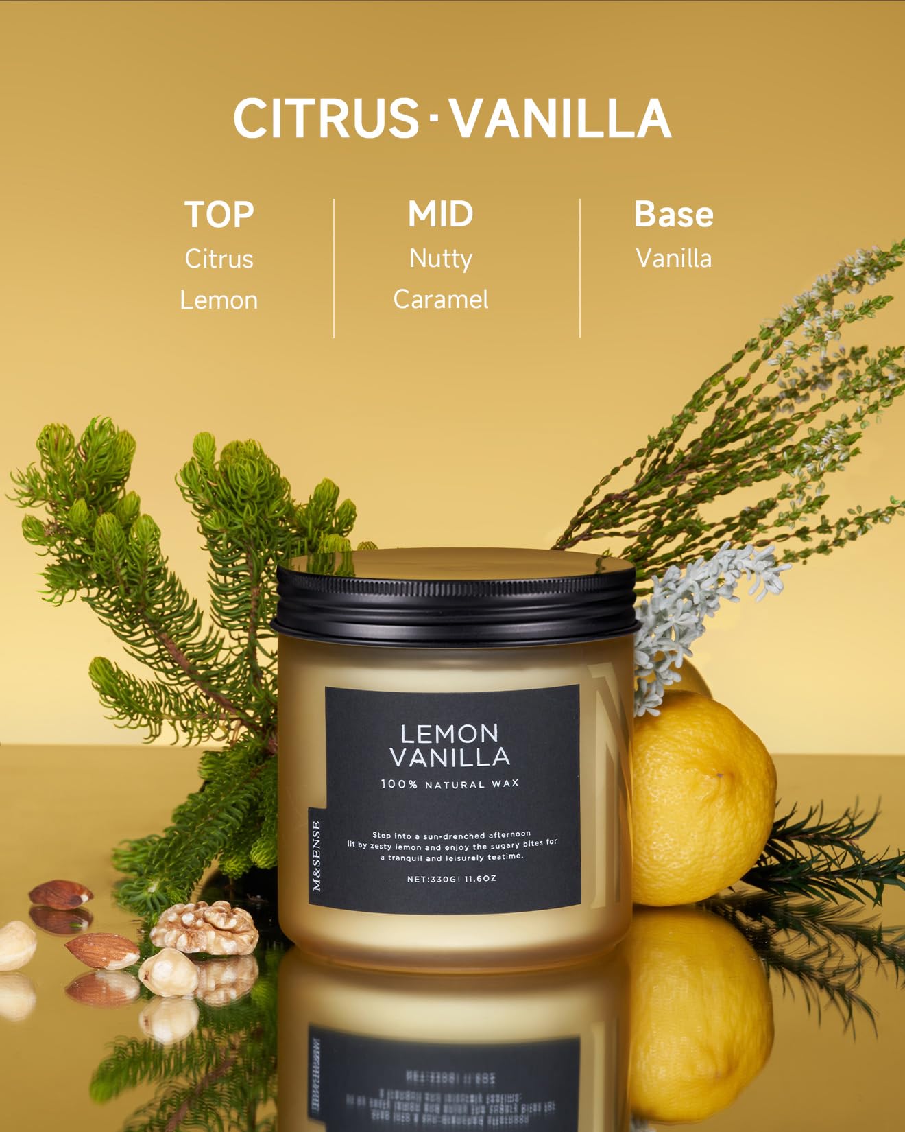 M&SENSE Lemon Vanilla Home Scented Candles, 11.6oz Organic Soy Wax, 70-Hour Clean Burning, Natural Candles Non Toxic, Citrus Scent for Relaxation, Aromatherapy Housewarming Gift for Men Women