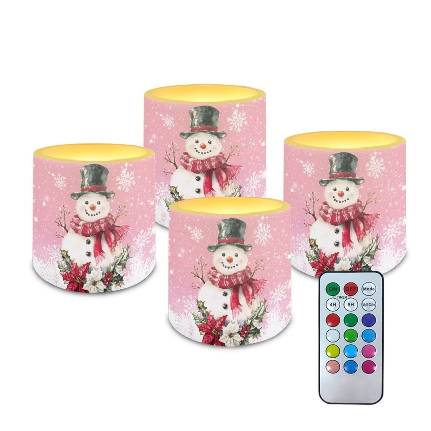Merkmak Christmas Flameless Candles with 18-Key Remote Battery Operated Candles with Timer Snowman Poinsettia Flickering LED Elictric Pillar Tealights for Party Banquet