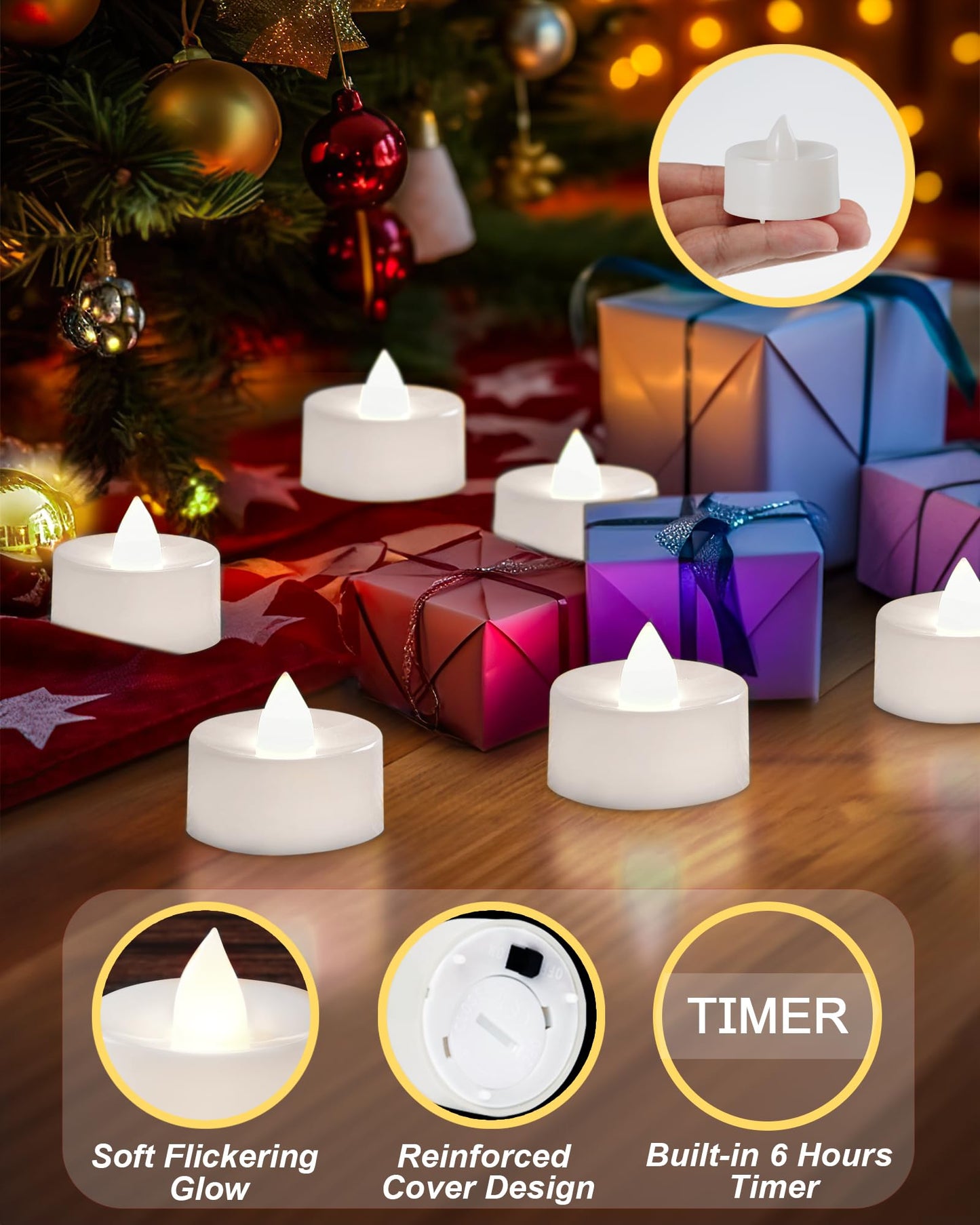 BEICHI 12-Pack Timer Tea Lights Candles Battery Operated, LED Tea Light with Timer, Built-in 6 Hours Flameless Votive Candle, Flickering Votive Tealights- Pure White Light