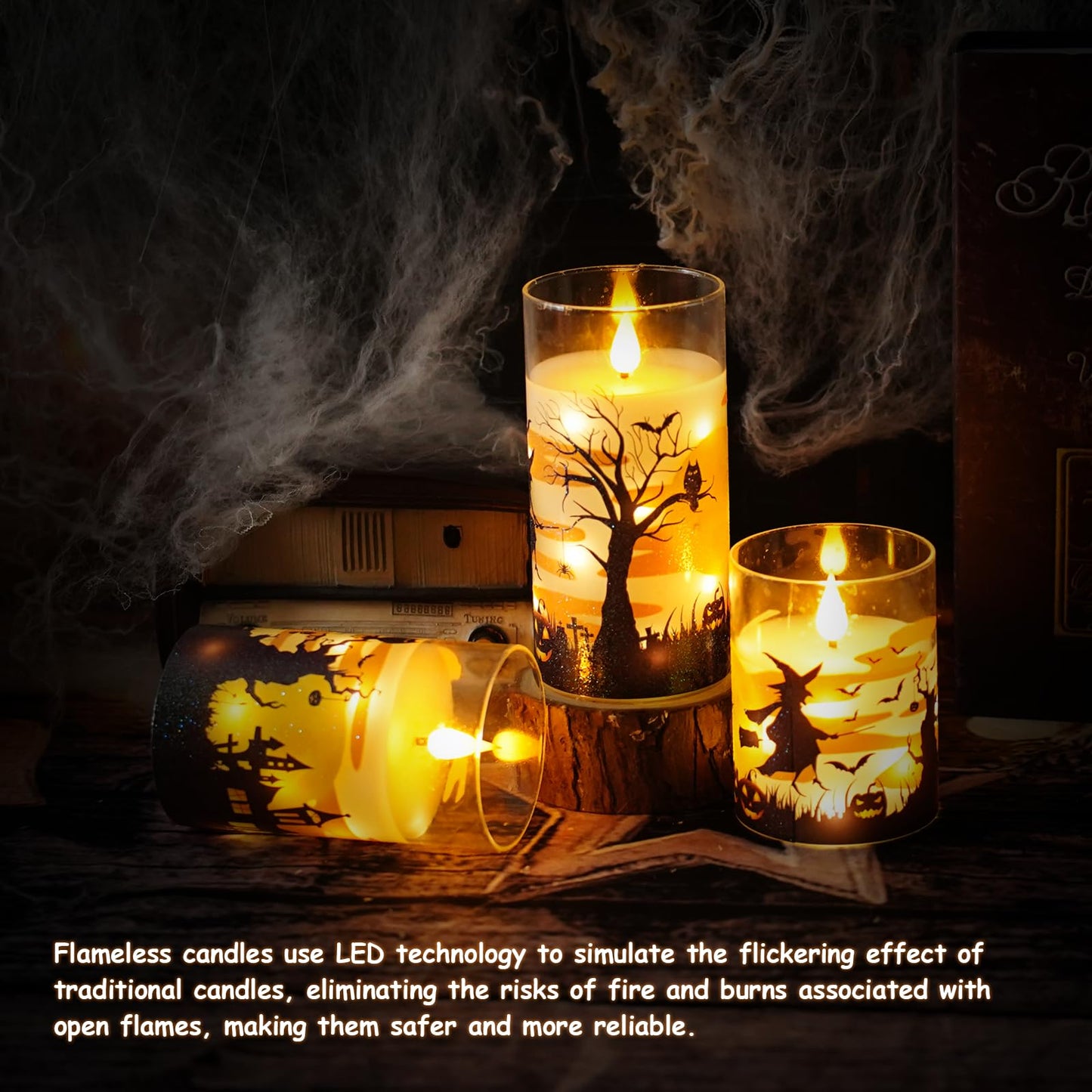JINYANIA Flameless Candles Real Wax Realistic Halloween Candles with Glass Shell, Battery Operated LED Pillar Candle with Remote Timer, Ideal for Halloween Home Decor（D 3"*H 4" 5" 6" ）