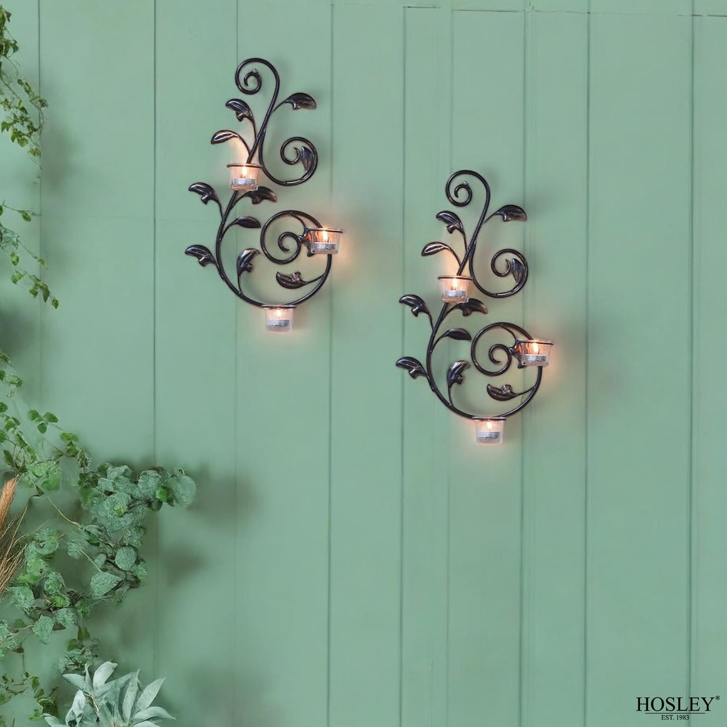 Hosley Set of 2 Iron Leaf Wall Sconce Set with Tealights 18" High Large Scale Wall Decor Elegant Iron Sconces for Home Decorative Metal Leaf Design Perfect for Modern