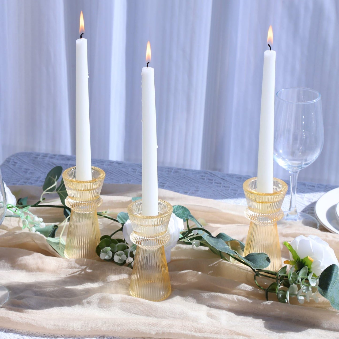 VOHO Gold Candlestick Holders for Holiday Decor, Set of 3 Ribbing Glass Taper Candle Holders Classy for Wedding Christmas Table Centerpieces, Gold Candle Holders for Candle Sticks & Tealight Candles