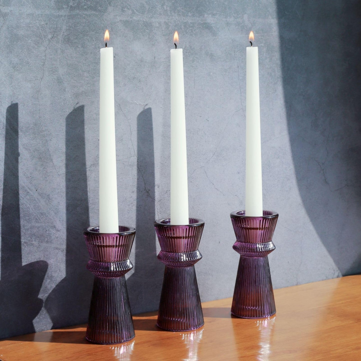 VOHO Purple Ribbed Taper Candle Holders Set of 3, Minimalist Style Glass Candle Holder for Candlesticks and Tealight Candles, Classy Candlestick Holders for Easter Halloween Wedding Decor