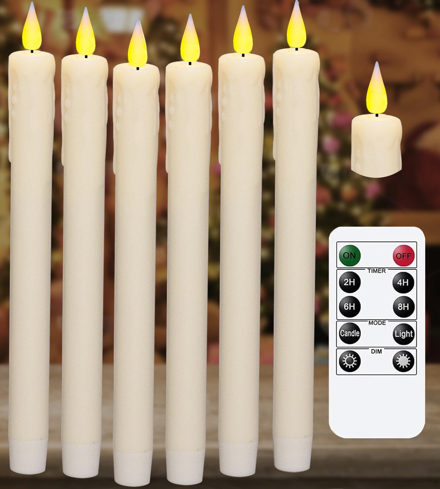 KSWING Upgraded Real Wax LED Flameless Taper Candles with Remote, 6 PCS White Dripping Candlesticks Battery Operated 3D Flickering - 9.6" Long Realistic Fake Candle Sticks for Home/Wedding/Xmas Decor