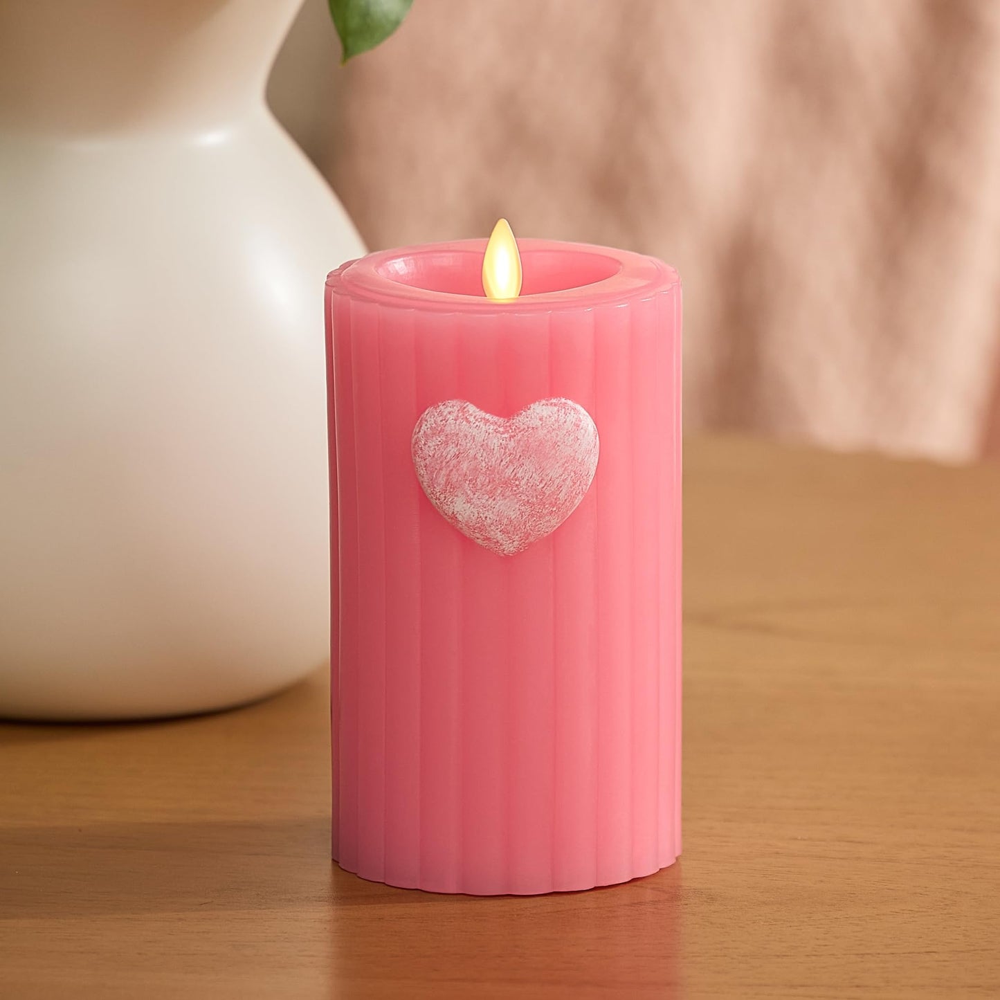 Luminara Flickering Flameless 3.7" x 6.5" Pillar Candle, Battery Operated Remote Ready (Sold Separately) & Timer Function, LED Light, Ribbed Real Pink Wax w/Embossed Heart Design for Valentine's Day