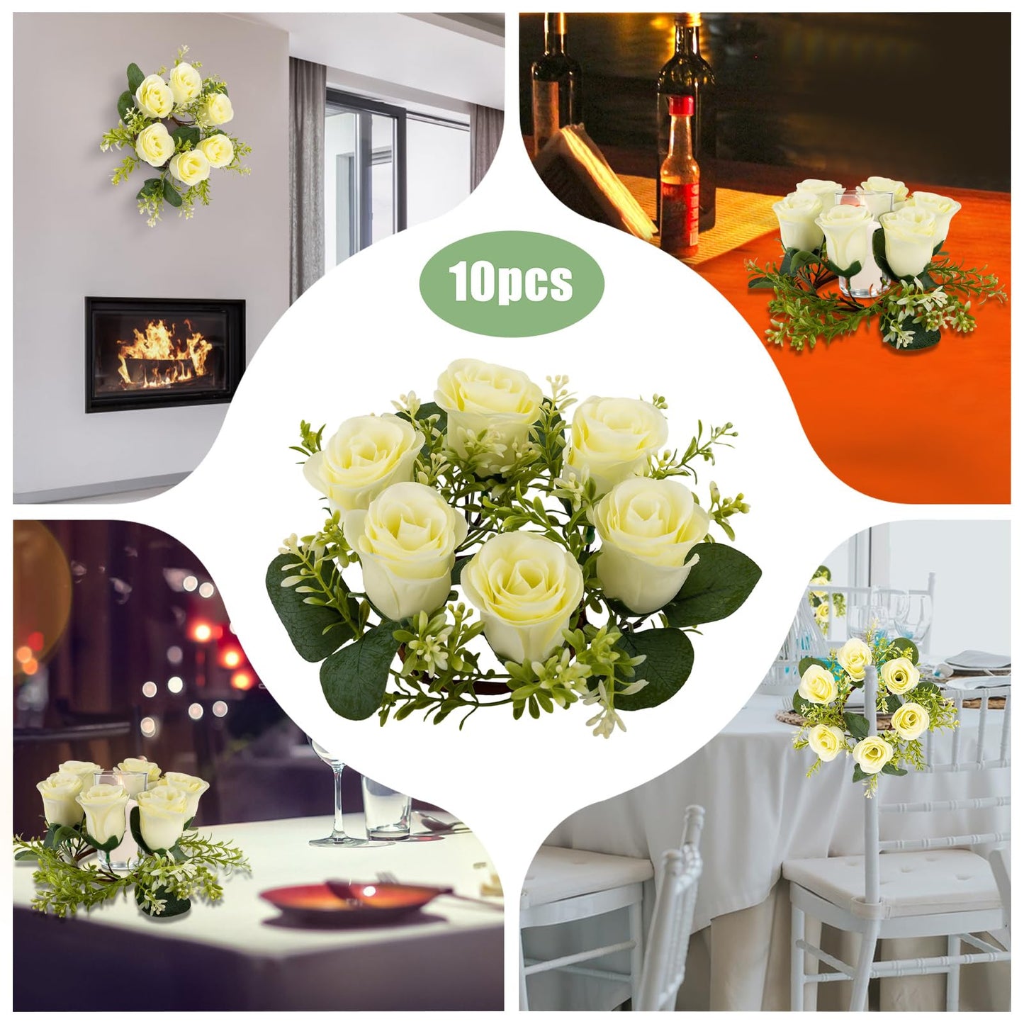 Candle Rings Wreath Centerpieces 10Pcs Cream Rose Candle Floral Wreaths 8.27In Artificial Flowers Rings Wedding Party Decor (Cream, Green)