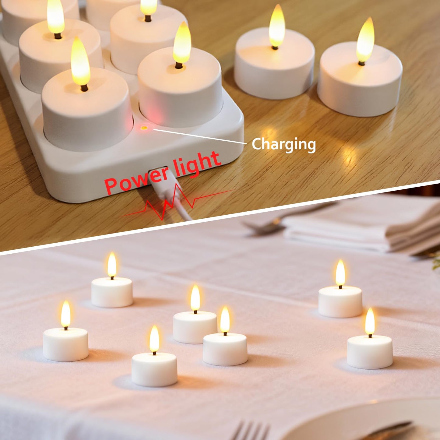 Lasumora Rechargeable Tea Lights Candles with Charging Base, 6pcs Battery Operated LED Flameless Candles with Remote & Timer, Flickering Tea Lights for Halloween Wedding and Home Decor Φ1.57 H1.85