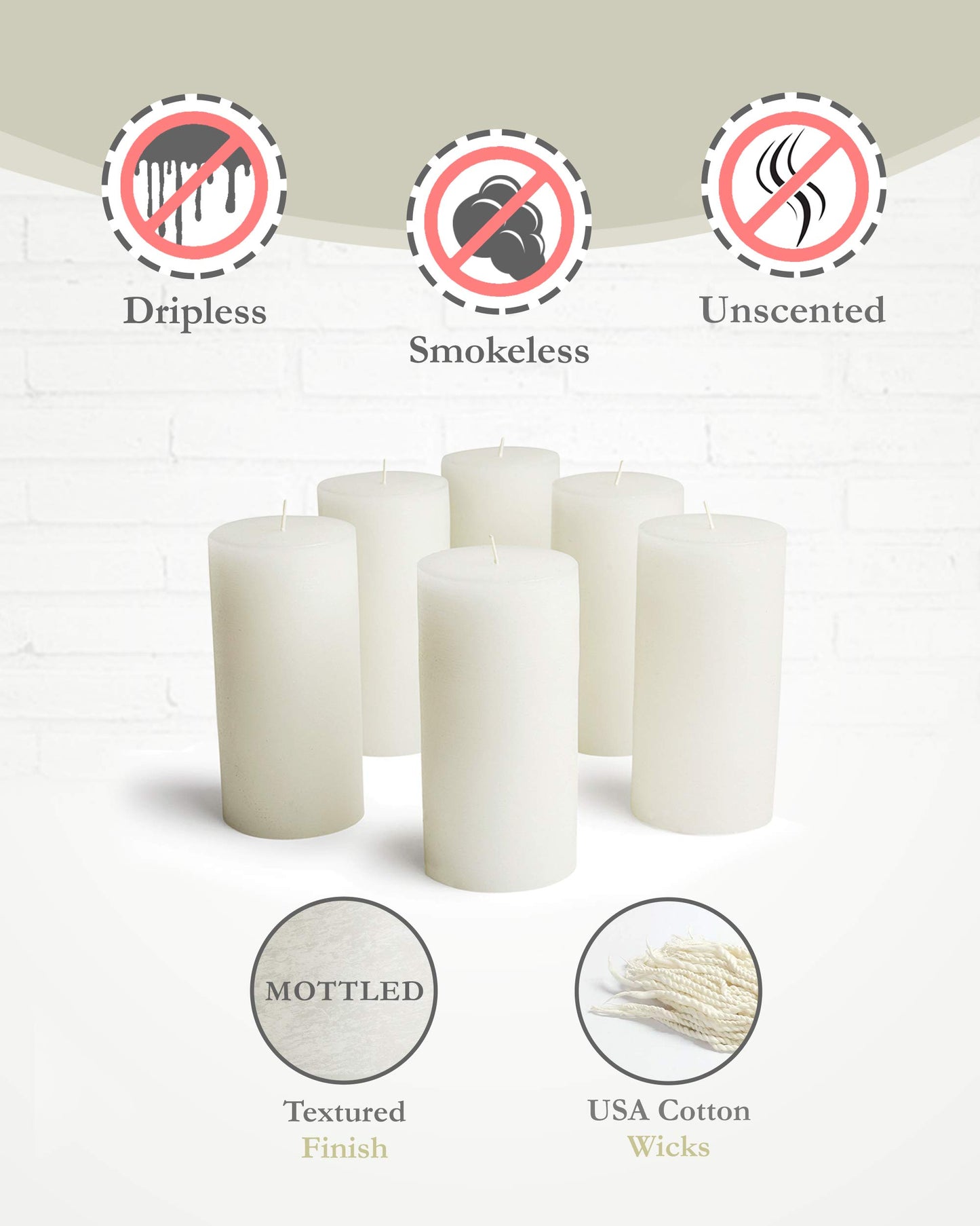 Mottled Pillar Candles by Bask - Set of 6-3" x 6" Dripless Unscented Candles in White for Home Decor, Relaxation & All Occasions