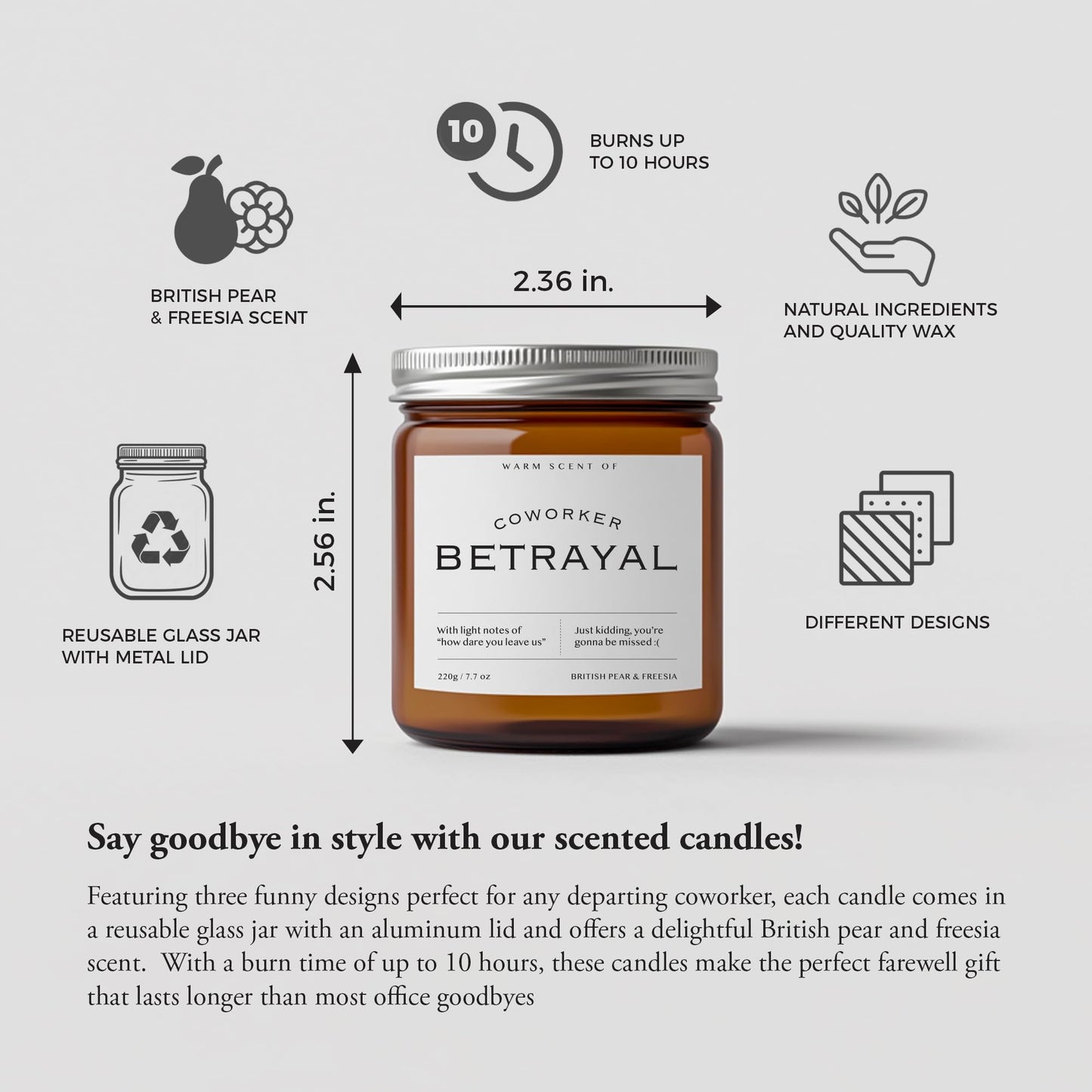 7.7oz Funny Candles for Coworkers by SIKO - British Pear & Freesia - Natural Soy Wax, Non-Toxic, Long-Lasting Aromatherapy Candle with Gift Card - Coworker Leaving Gifts for Women & Men - (Betrayal)