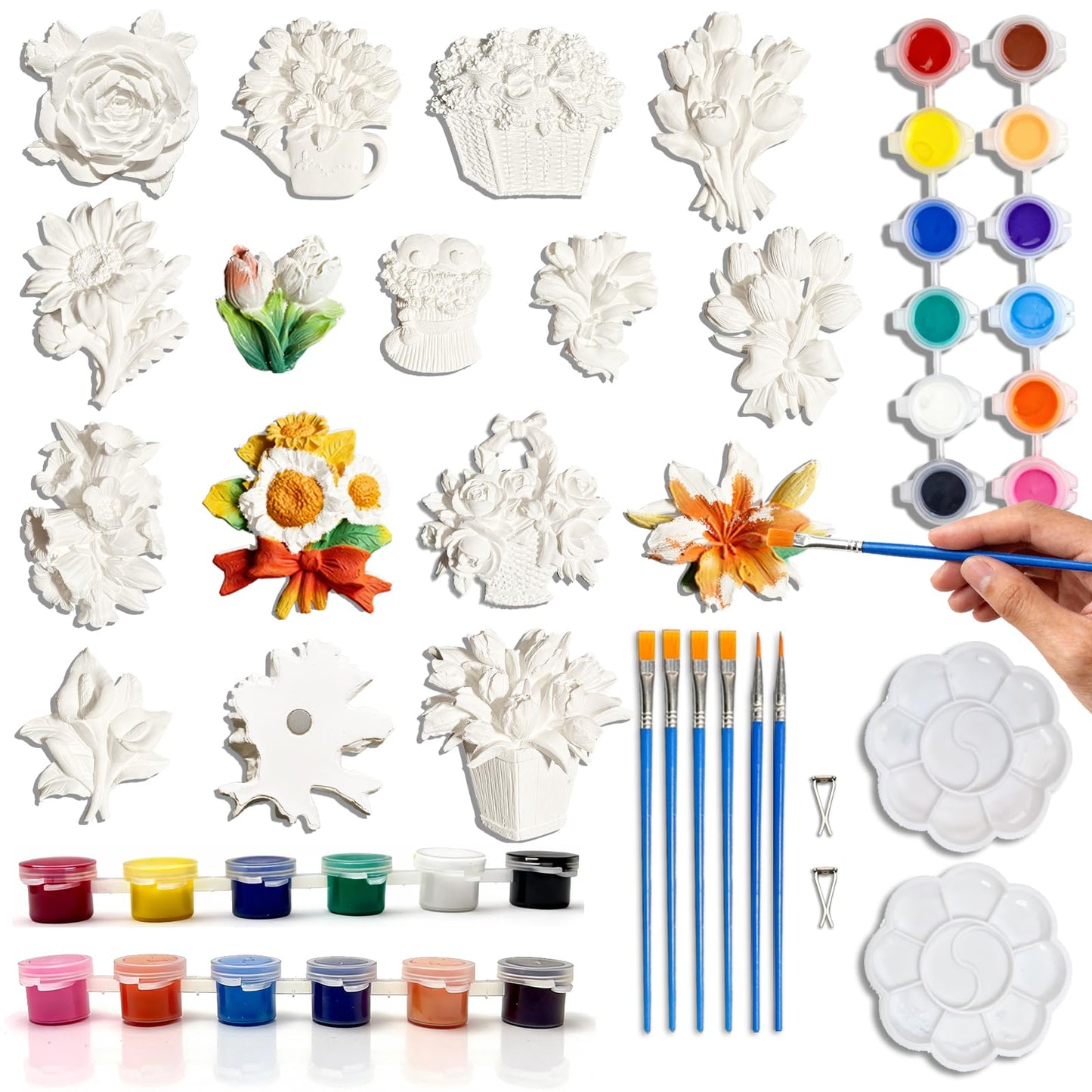 15 Pcs Plaster Painting Kit for Adults & Teens, DIY Flower Magnets to Paint with Embedded Magnets, Ceramic-Like Craft Kit with Acrylic Paints & Brushes, Fridge Magnet Decor & Car Diffuser Stone