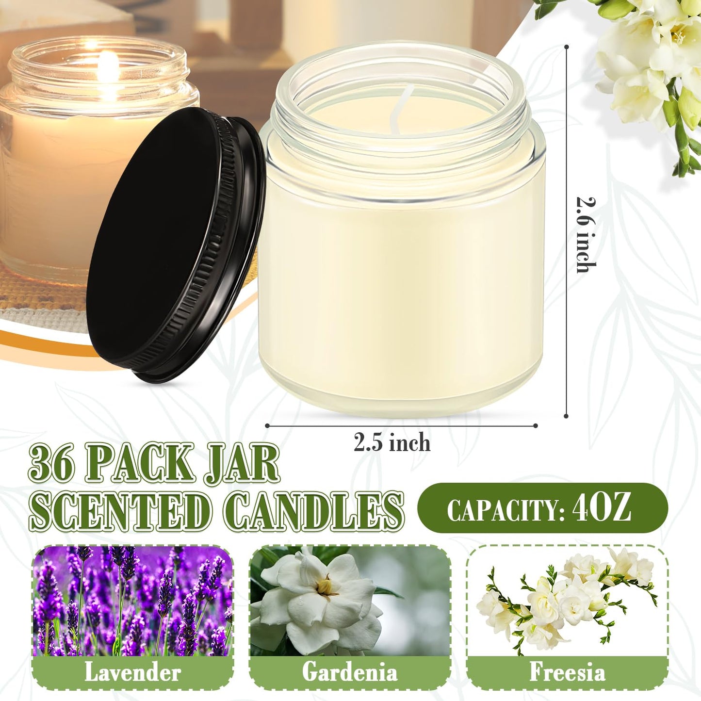 MTLEE 36 Pcs Mini Mason Jar Candles Favors Bulk 4 oz Small Scented Jar Candles with Lids for Birthday Wedding Party Gift(Freesia, Gardenia, Lavender)