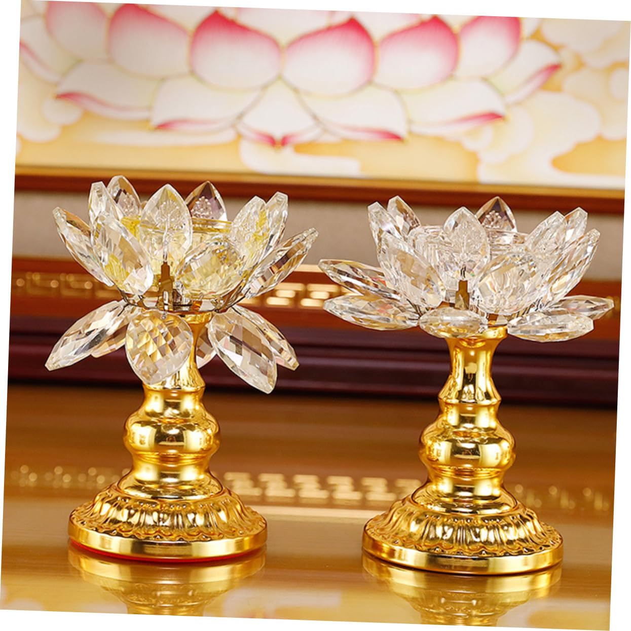 HAKIDZEL Crystal Lotus Candle Holder Elegant Sturdy Candlestick for Buddha Temple Home Decor Yellow Design for Wedding Party Table Display
