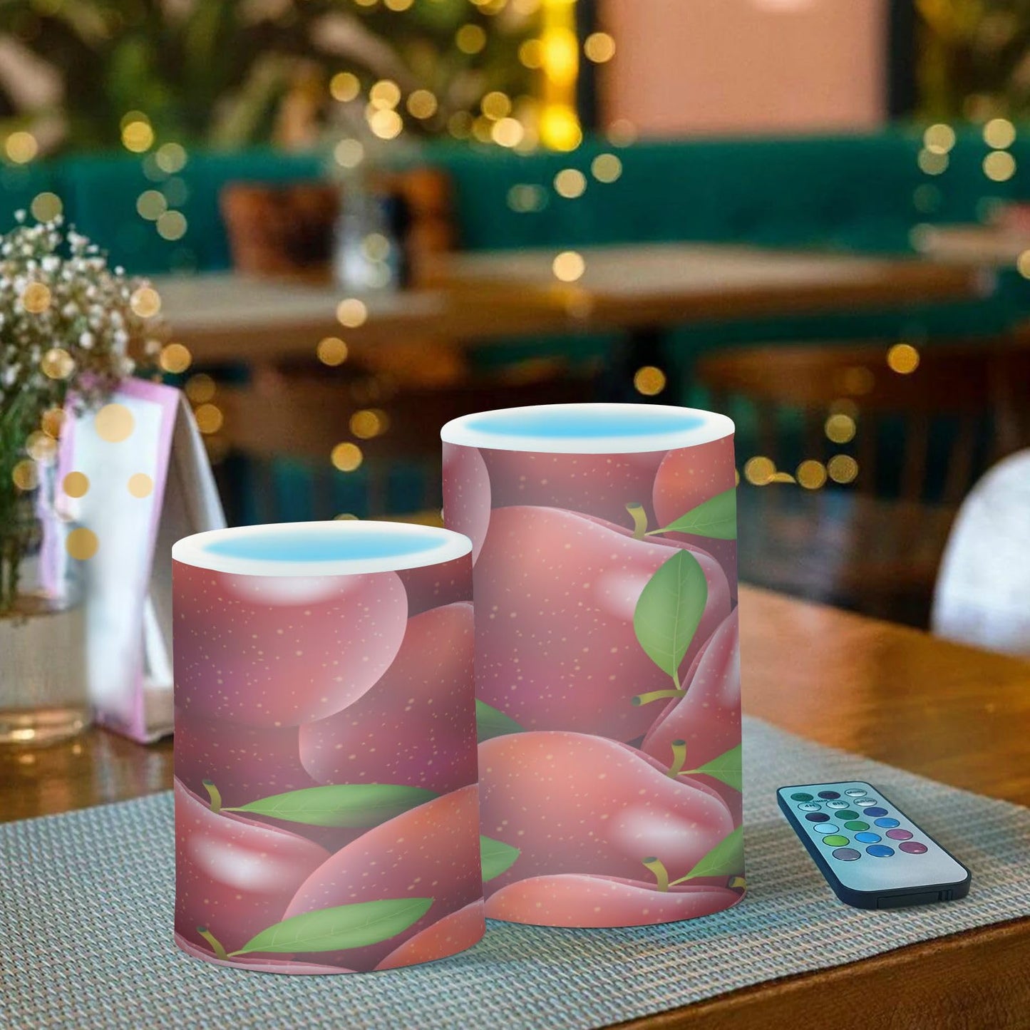 Eionryn Red Apples Leaves Flameless Candles Summer Autumn Fruits Battery Operated LED Candles with Remote Timer Electric Candles for Home Party Decor 2pcs