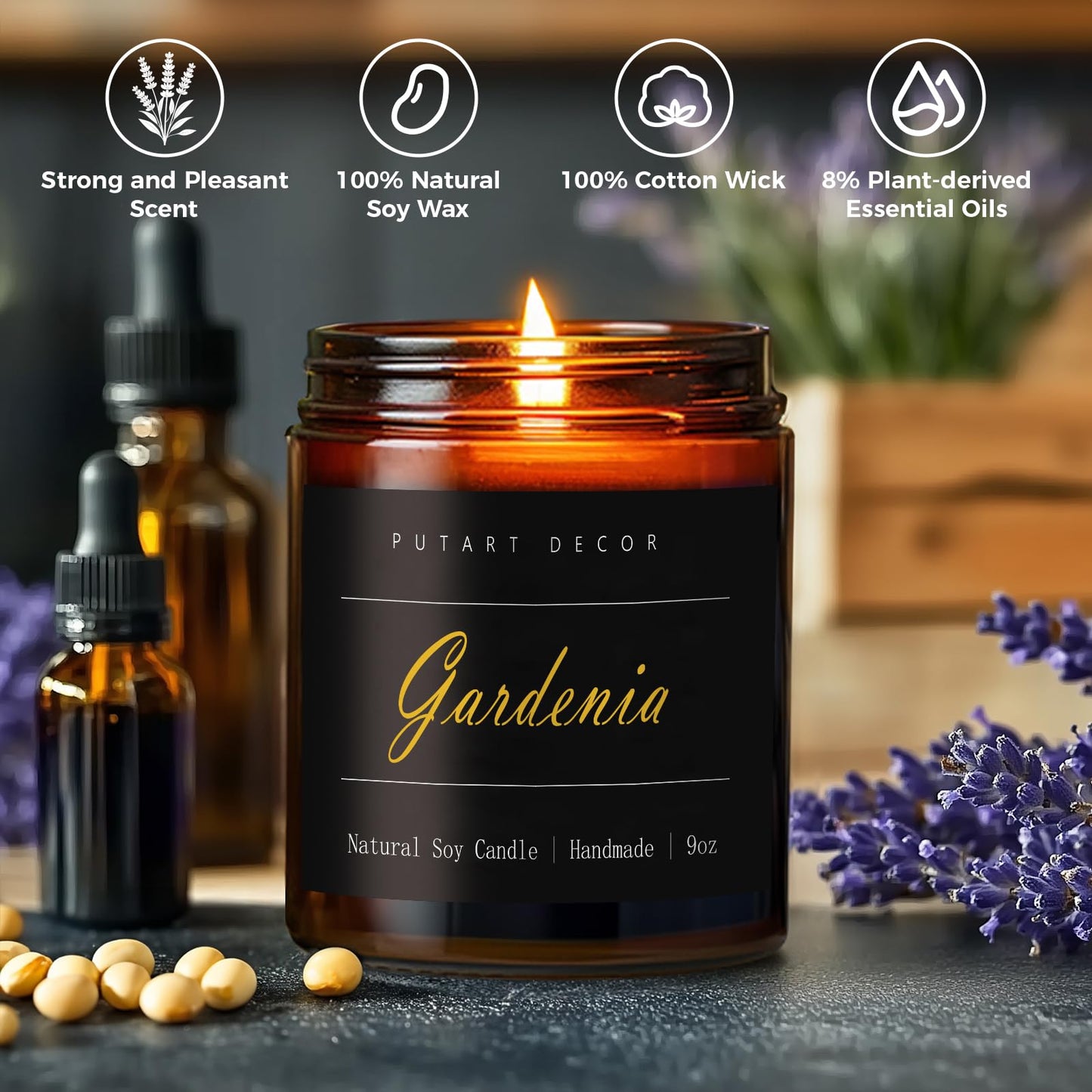 Putart Gardenia Scented Candles for Home, 9oz Natural Soy Wax Aromatherapy Organic Santal Candle for Stress Relief, Long Burning & Lasting Jar Candle Gifts for Birthday, Housewarmings, Thanksgiving
