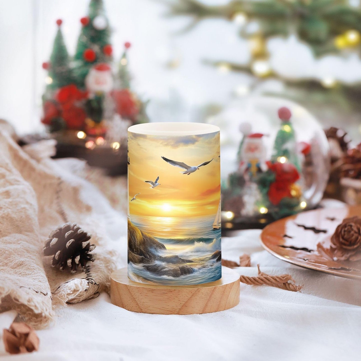 WEVIBOFU Lighthouse Ocean Seagulls Sailboat Flickering Flameless Candles LED Battery Operated with Remote Timer Pillar Candles for Home Birthday Wedding Christmas Decor, Set of 2