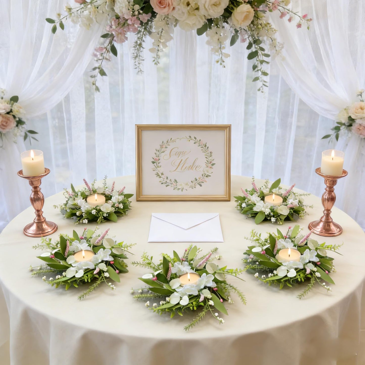 6 Pcs Small Spring Summer Candle Ring Wreaths Mini Pillar Candle Holder Wreath with White Hydrangea Flowers and Eucalyptus Leaves Artificial Spring Summer Wreath for Home Kitchen Table Cnterpieces
