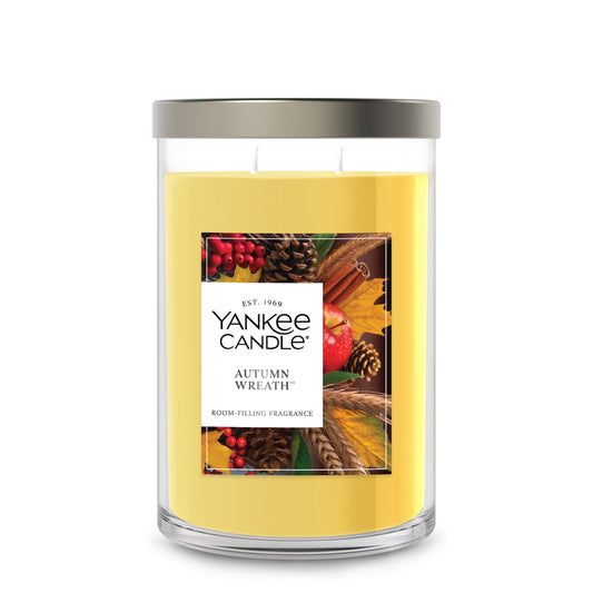 Yankee Candle Large Tumbler Scented Candle with up to 80 Hour Burn Time, Premium Plant Wax Blend for Consistent Burn, 20 oz Tumbler Candle with Room Filling Fragrance, Autumn Wreath