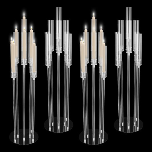4Pcs 9 Arms Acrylic Candle Holder, Clear Candlestick Holder w/Acrylic Shade, 42.5In Tall Crystal Tapered Candle Holders Centerpieces w/Rectangular Base for Home Wedding Party (4 Pcs 9 Arms Type B)