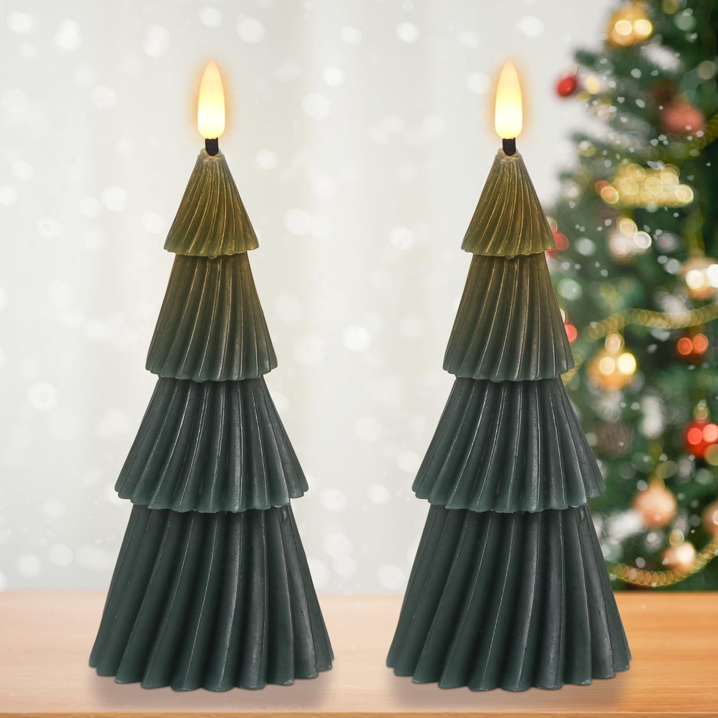 Eldnacele Stripe Christmas Tree Flameless Candle with 6 Hour Timer, Battery Operated(Included) 3D Wick Flickering Real Wax Green LED Candles Xmas Eve Dinner Holiday Decor (2Pcs,3"×7.1")