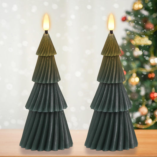 Eldnacele Stripe Christmas Tree Flameless Candle with 6 Hour Timer, Battery Operated(Included) 3D Wick Flickering Real Wax Green LED Candles Xmas Eve Dinner Holiday Decor (2Pcs,3"×7.1")