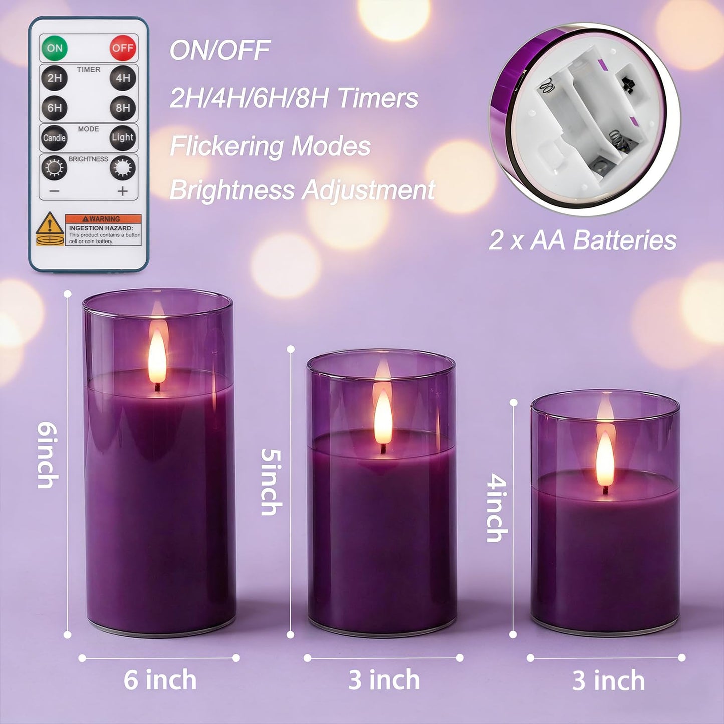 Homemory Purple Glass Flameless Candles, Battery Operated LED Pillar Candles with Remote Control and Timer, Radiance Candles, Real Wax, Set of 3,D3 xH4 5" 6"