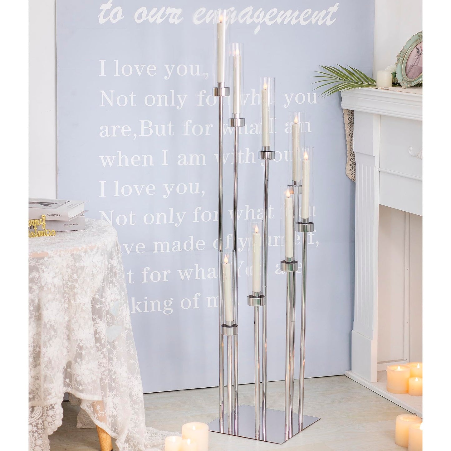Floor Candle Holder with Acrylic Lampshade, 49.2in Tall Acrylic Candlestick Holder for Taper LED Candles, Silver Candelabra Centerpiece for Table Wedding Party Event Reception Home Decoration (Silver)