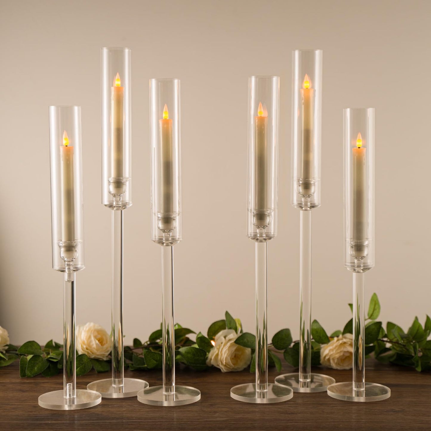Vincidern 6pcs Clear Taper Candle Holder Set, Centerpieces for Tables, Acrylic Candlestick Holder for Dining Table, Wedding, Party, Holiday, Home Decor