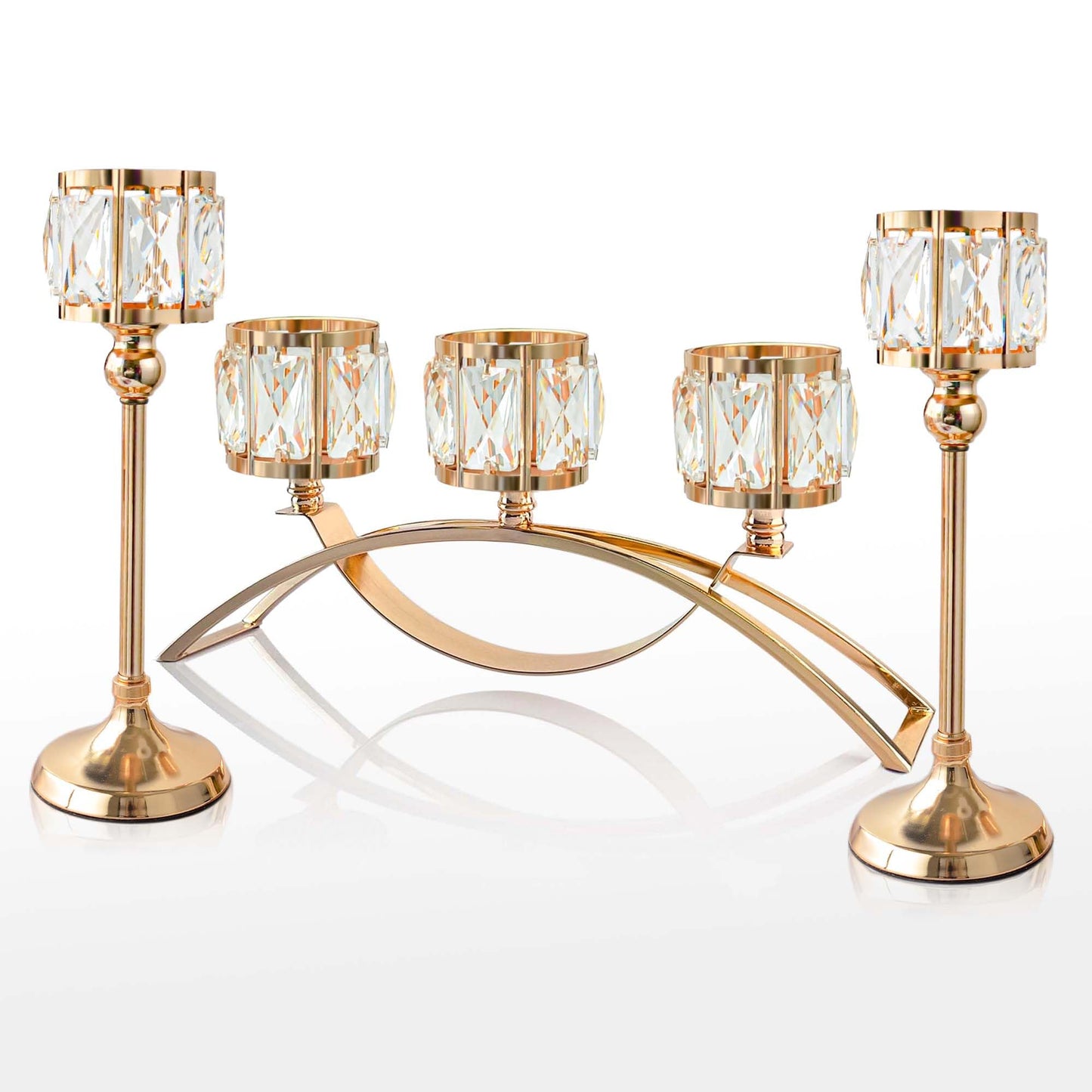 KEHAIL 3 Arms Crystal Candle Holders, Arch Candlestick Table Candelabras Centerpieces for Wedding, Dinning Room, Cabinet Ornaments, Home Decoration, Gift (3-arm Arched Set, Gold)