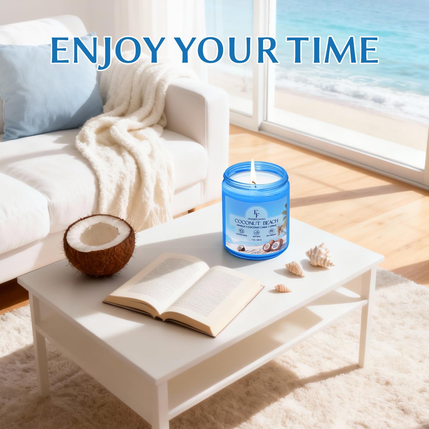 Coconut Beach Scented Candle, Natural Soy Wax Jar Candle for Home Scented, 100-Hour Burn Time Gifts for Women Men, 7 oz (2 Pack)