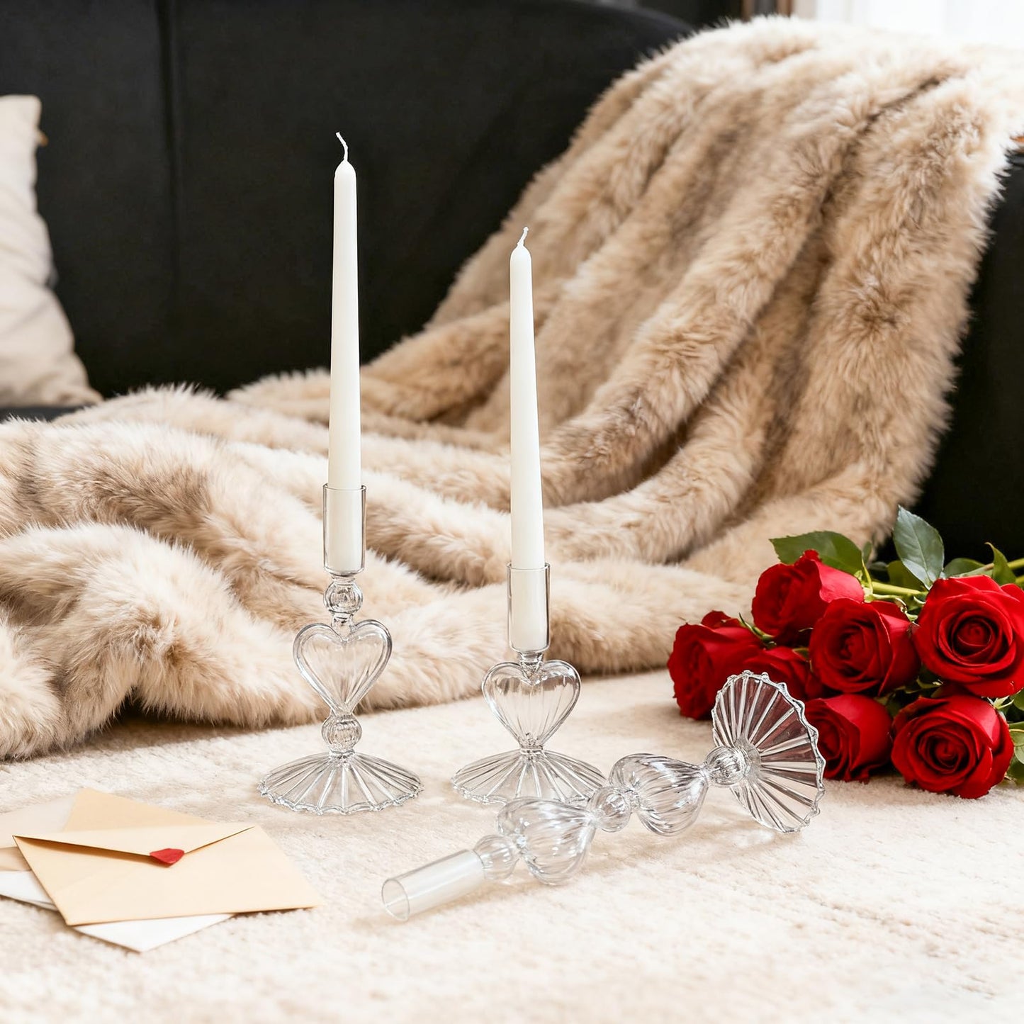Mumufy 3 Pcs Valentine's Day Glass Candlestick Holders Heart Glass Taper Candle Holder Valentines Heart Candle Stick Vase Decor for Galentine's Day Wedding Festival Party Table Centerpiece(Clear)