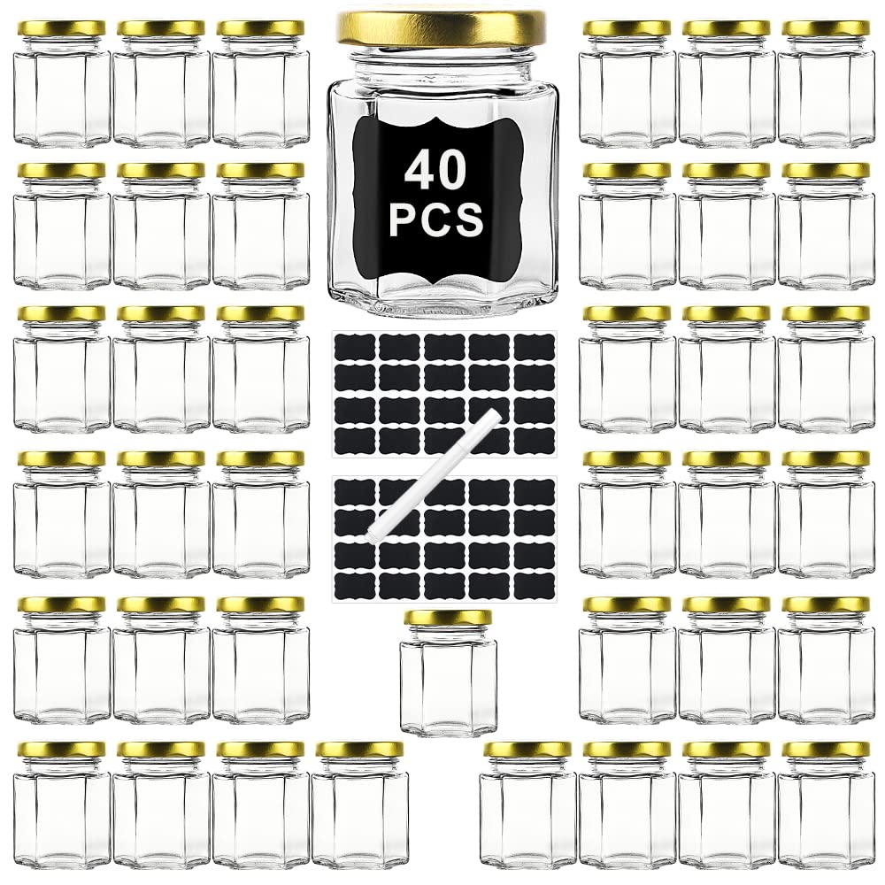 Ritayedet 40 Pack Small Glass Honey Jars with Lids for Wedding Favor, Baby Showers, 3 Oz Airtight Glass Canning Jars with Lids, Candle Jars for Spice, Candy, Jam, Waterproof Stickers