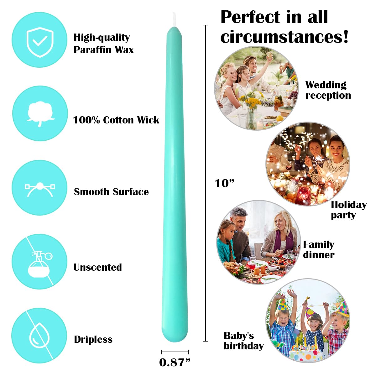12-Pack Mint Green Unscented Taper Candles, 10 Inch Dripless Smokeless Candlesticks, Long-Lasting Burn Time of 7-8 Hours, Perfect for Home Decor, Spring