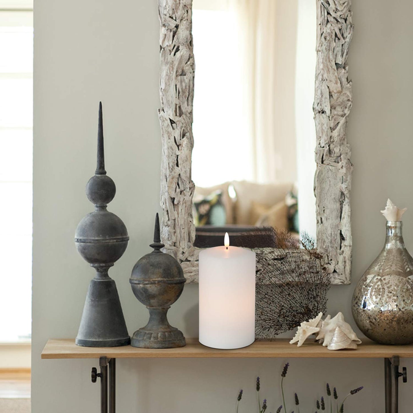Eldnacele Large Flameless Flickering Candles White 3D Realistic Black Wick with Timer, 4” X 7.5” Battery Operated Real Wax Pillar Candles Warm White for Home Wedding Party Festival Decoration