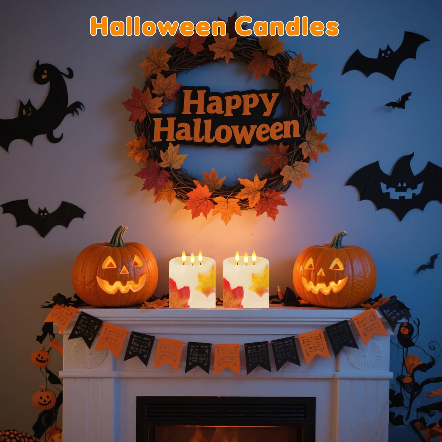 Large 3 Wick Flameless Candles Set of 2, 4"x4" Flickering Maple Leaves LED Candles with Remote & Timer, Real Wax Electric Pillar Candles Battery Operated, Fall Candles for Thanksgiving Autumn Decor