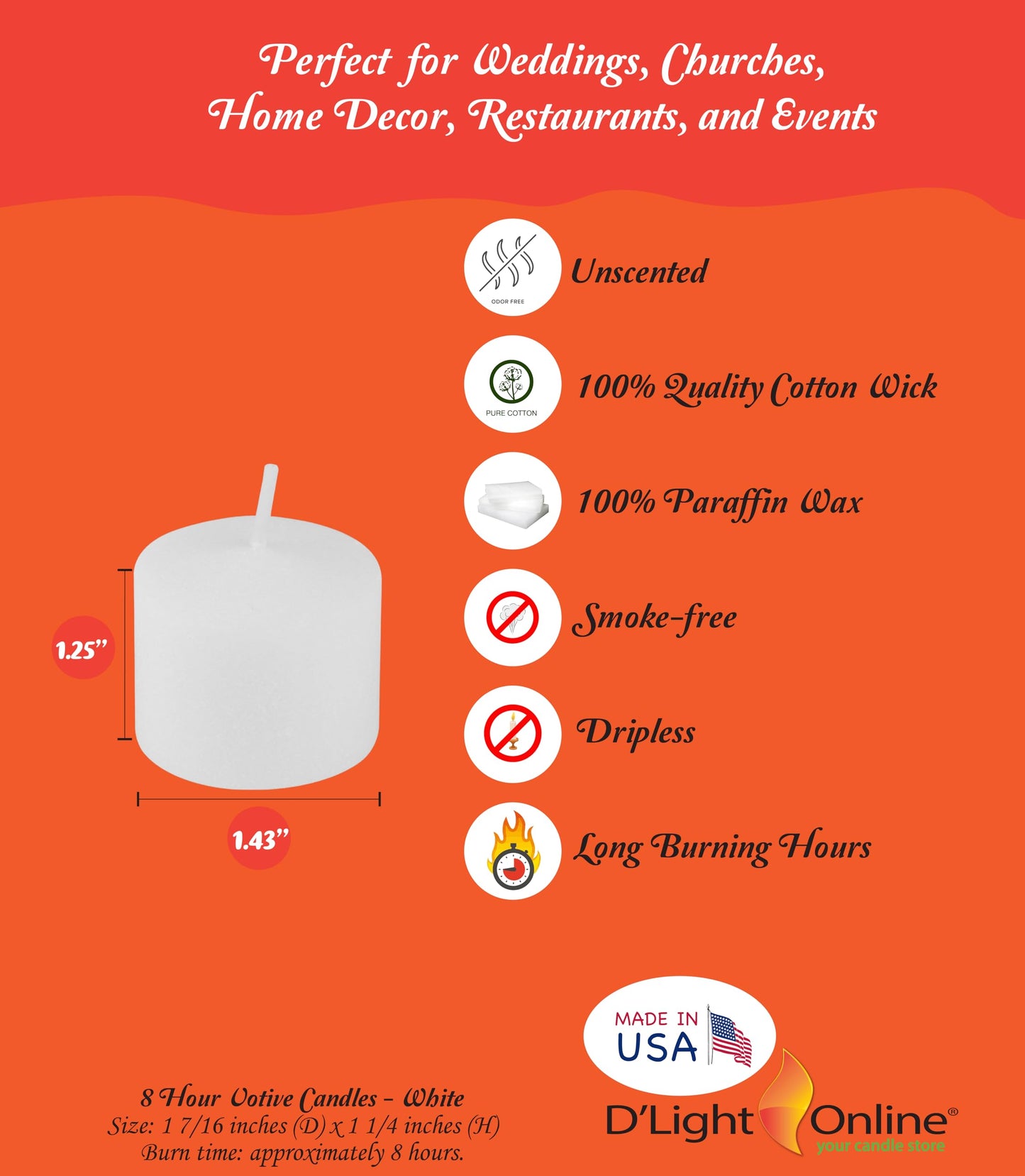 D'light Online Unscented Votive Candles - Bulk Small Candles for Synagogues, Churches, Baby Shower, Home Decoration, Restaurants and Weddings (White, 8 Hour - Set of 288)