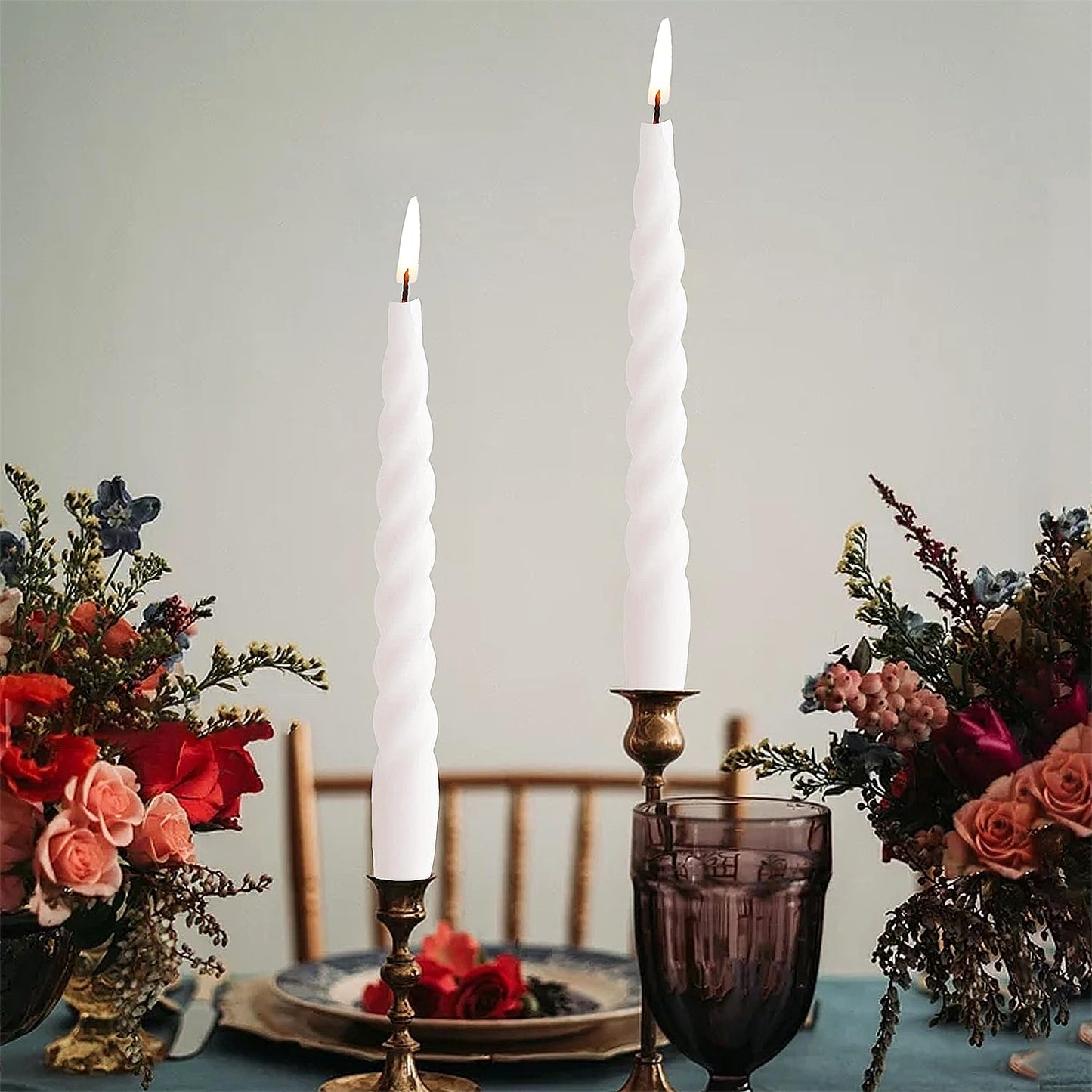 White Spiral Taper Candles 7.5 inch Twisted Tapered Candlesticks Smokeless Unscented Handmade Candlesticks 2pcs Home Decor for Birthday Party Celebration Tablescape