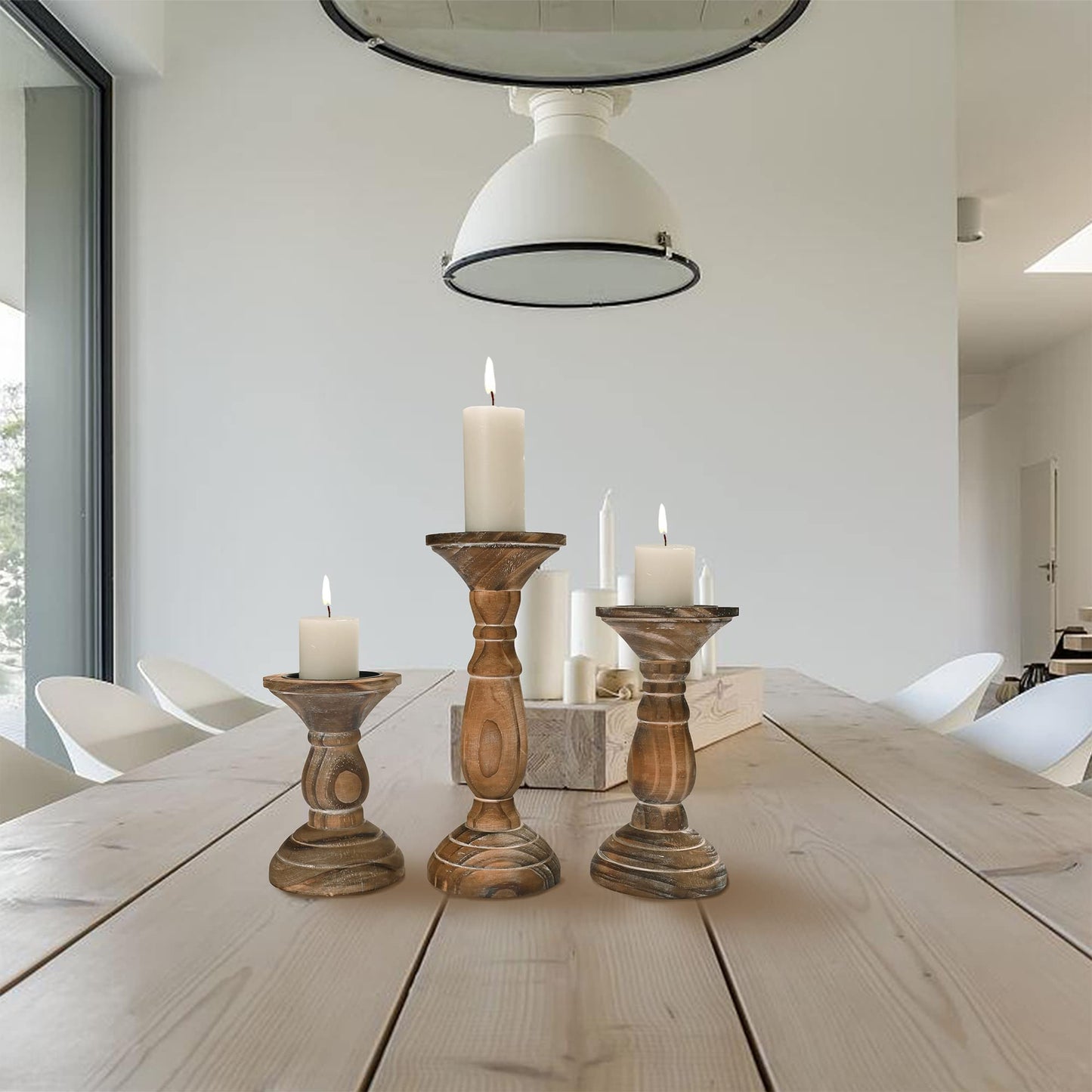 Yorkmills Pillar Candle Holder Set of 3, Farmhouse Decor Living Room Tall Candle Holders for Pillar Candles, Wood Candle Holders for Table Centerpieces Brown Home Decor Kitchen Dining Room Table Decor