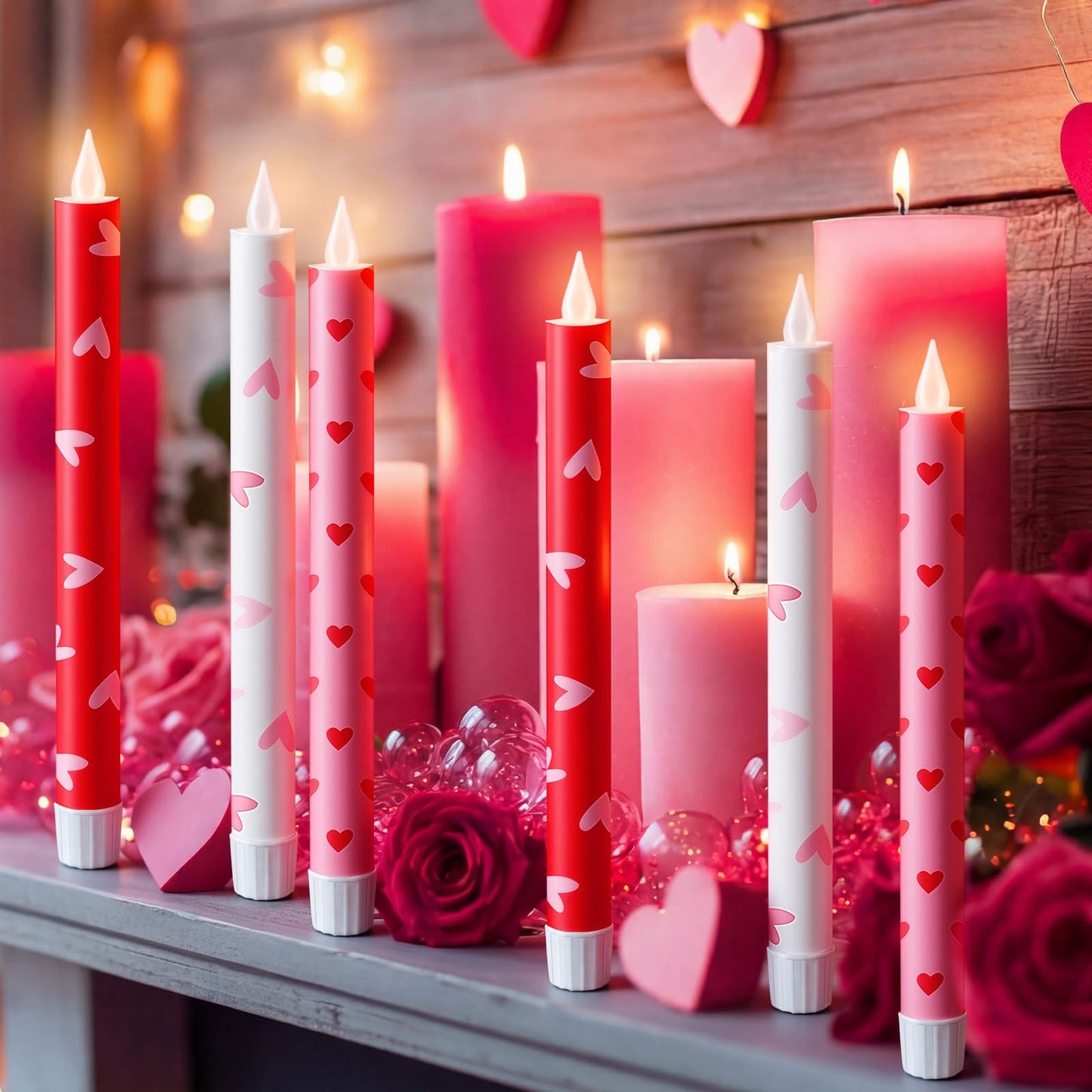 Lyrow 6 Pcs Valentine'day Flameless Taper Candles with Red Heart 11 Inch Real Wax LED Candles Flickering Battery Operated Candlesticks for Valentines Gifts Proposal Wedding Anniversary Romantic Night