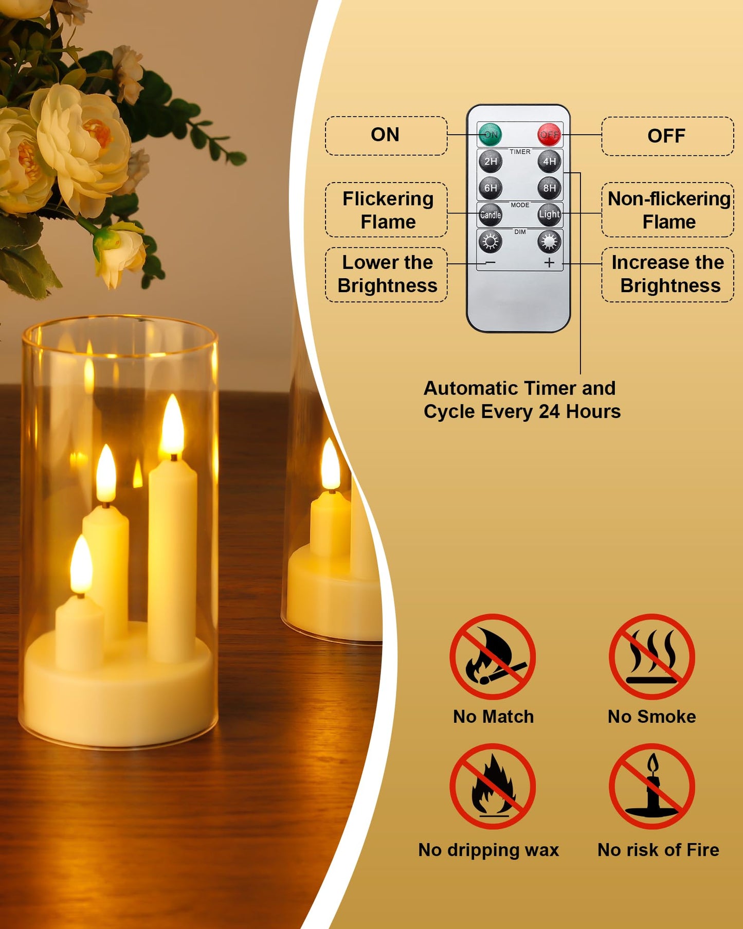 Enido 2 Pc Flameless LED 3-in-1 Taper Candles with Remote & Timer, Battery Operated Acrylic Pillar Set, 3" x 6" Flickering Electric Lights for Cozy Home & Holiday Romantic Decor (Clear)