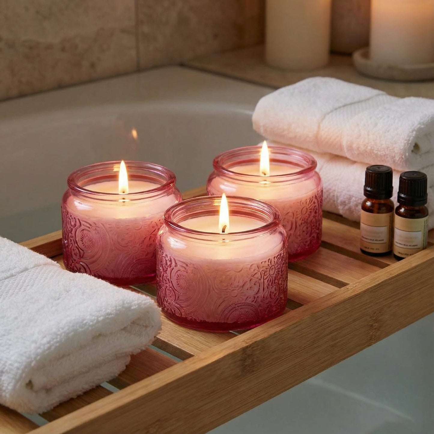 18-Pack 4oz Embossed Glass Candle Container with Bamboo Lids and Labels, Pink Candle Jars for Making Candles, Sun Moon Star Design