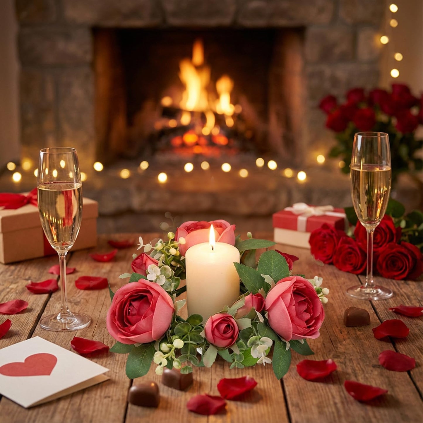 Artificial Rose Candle Rings Wreath Mini Floral Wreaths Pillar Candle Holder with Blooming Flowers and Green Leaves for Wedding Party Home Table Centerpieces Decor (Hot Pink)