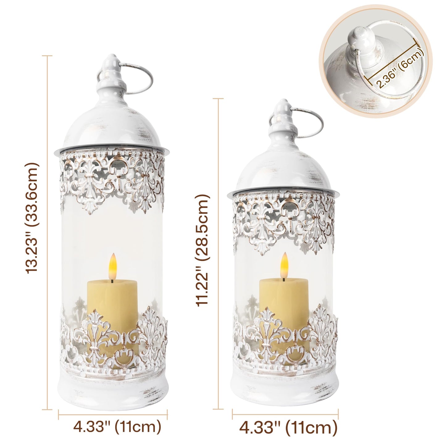 HiSnug Candlestick Holders with Flameless Candles - Gothic Vintage Hurricane Candle Holder, Portable Wind Lamp Barn Lantern Suspended Candleholders for Table Shelf Balcony Eaves, 2PCS, S+L, White