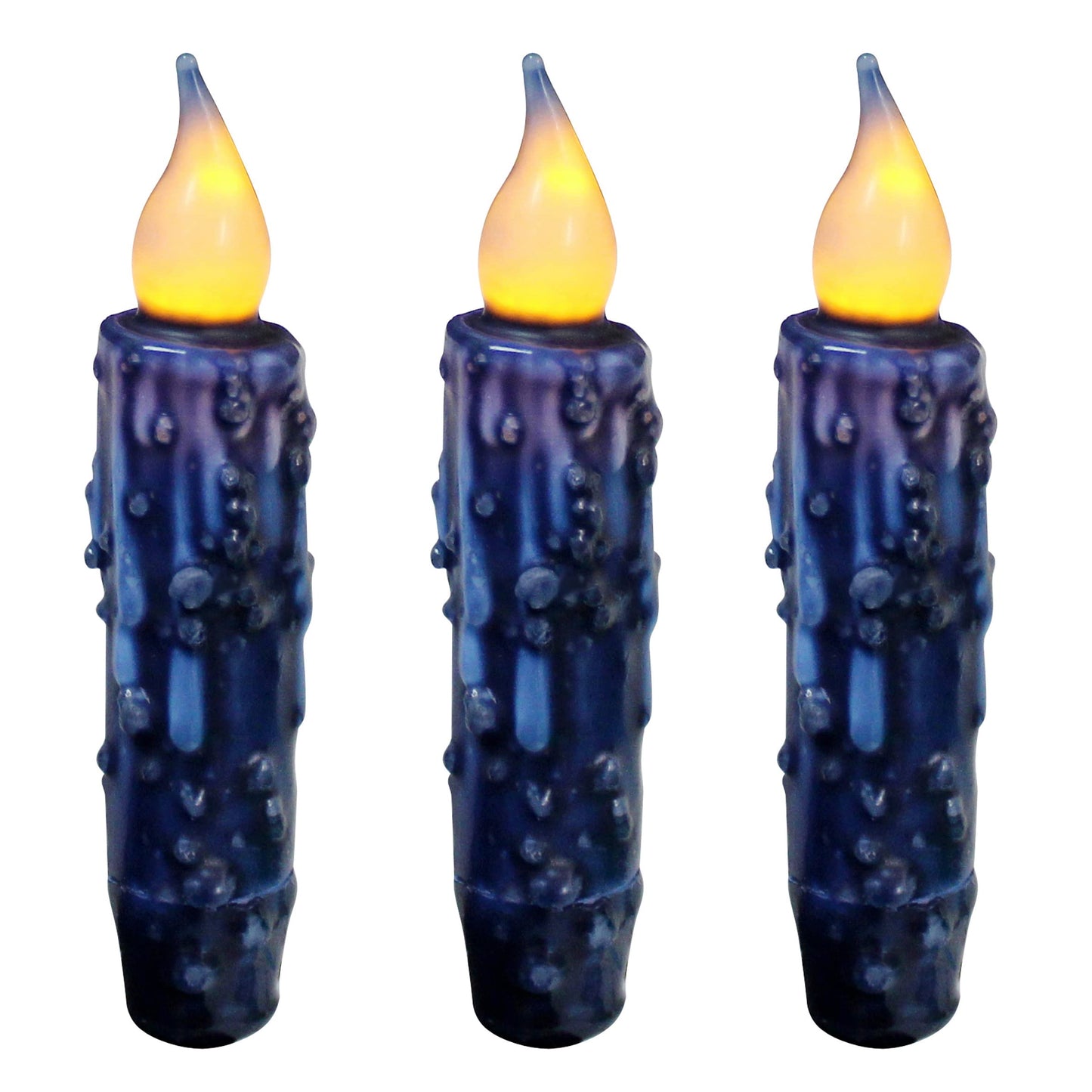 CVHOMEDECO. Real Wax Hand Dipped Battery Operated LED Timer Taper Candles Rustic Primitive Flameless Lights Decor, 4-3/4 Inch, Navy Blue, 3 PCS in a Package