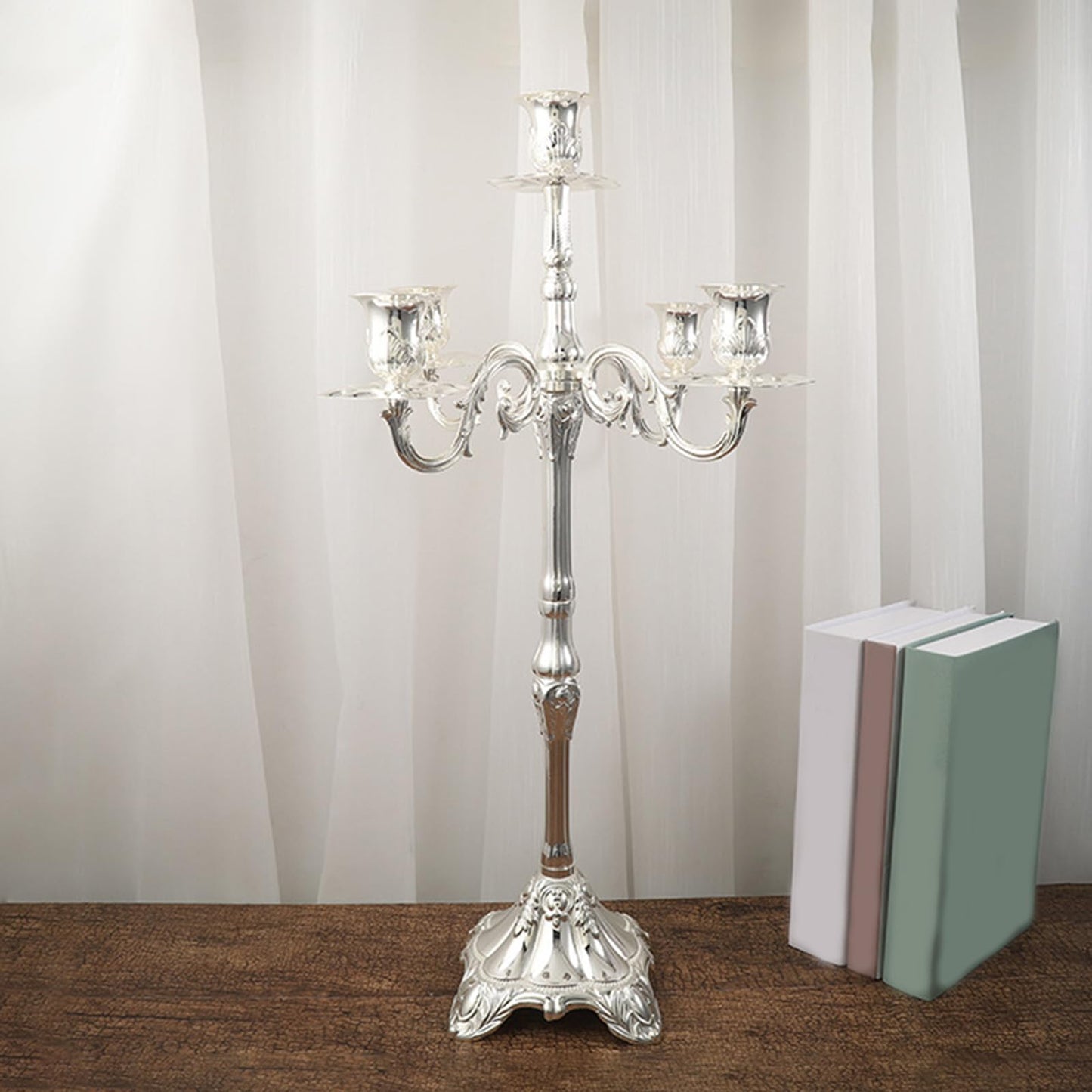 GIYDNEI 5 Arms Candelabra 25.4In Gold Candlestick Holder for Taper Candles, Candle Holder Stand Table Centerpieces for Wedding Home Decoration,Silver,14.6" Wx25.4 H